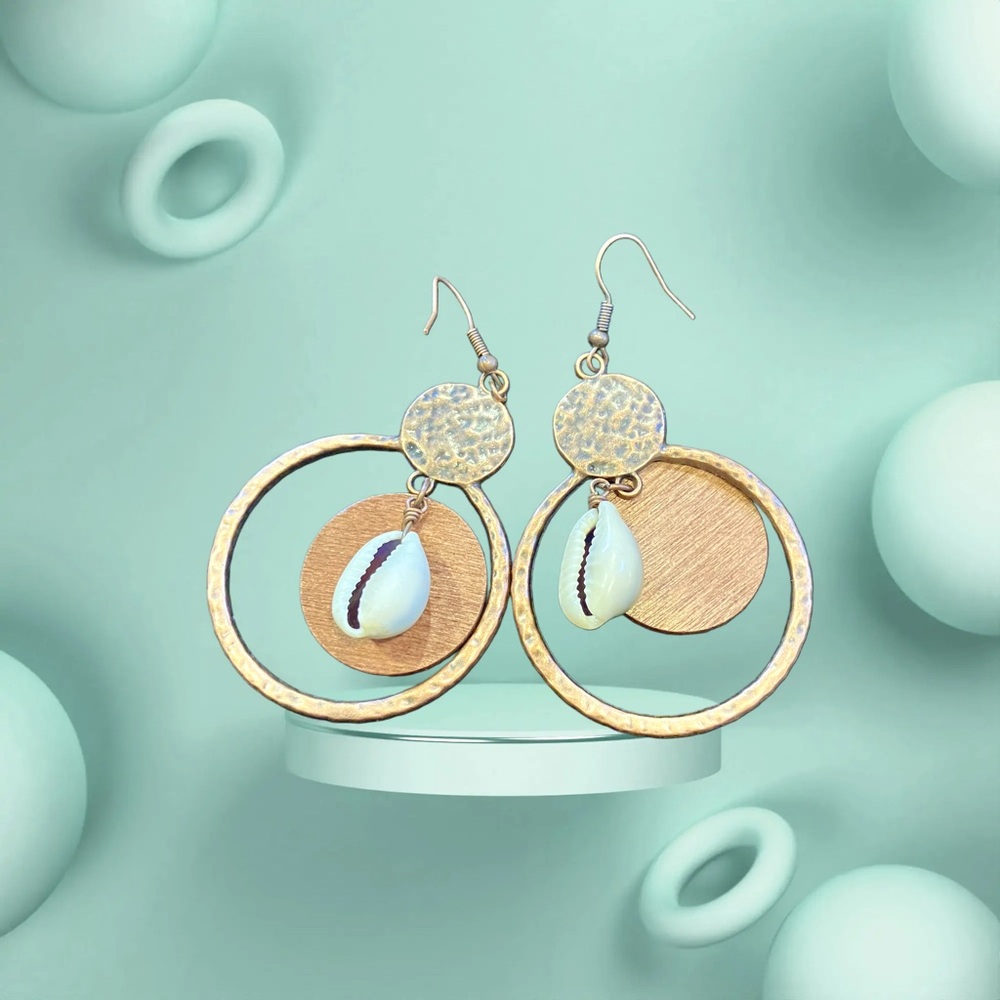 Super Cool Earrings with brass, wood and shells